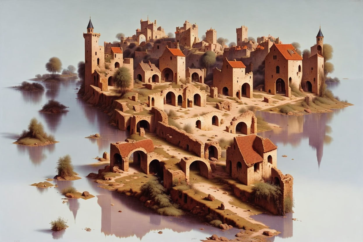 Surreal painting: Medieval town reflected in calm water