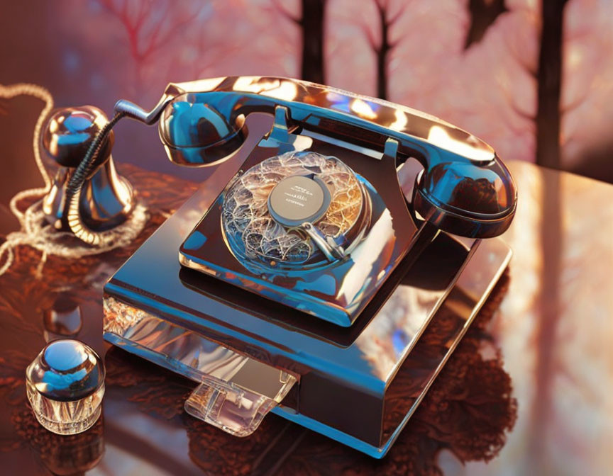 Vintage Black and Silver Ornate Telephone on Reflective Surface