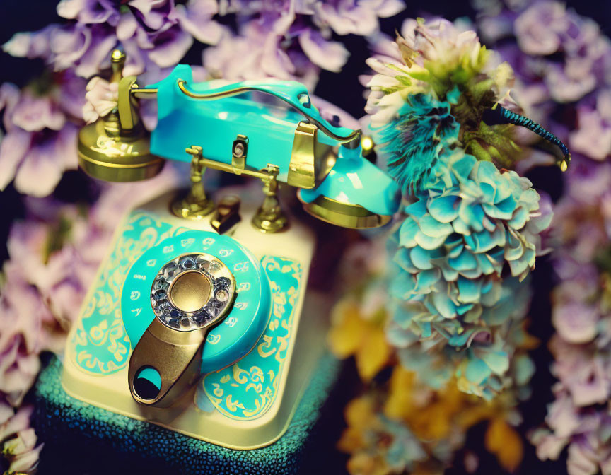 Vintage Turquoise Rotary Telephone on Floral Background with Hydrangeas