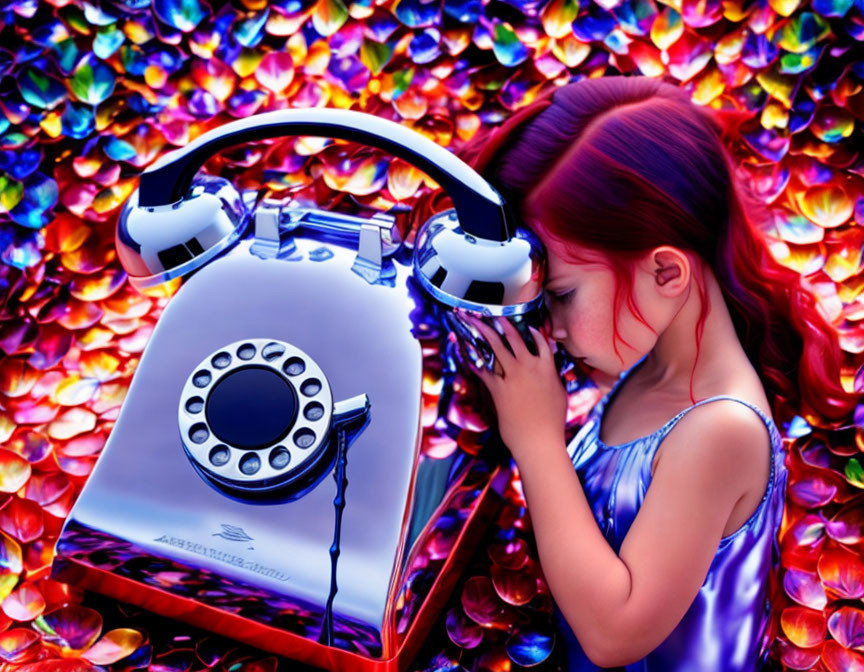 Young girl in blue dress listening to rotary phone against colorful leafy backdrop