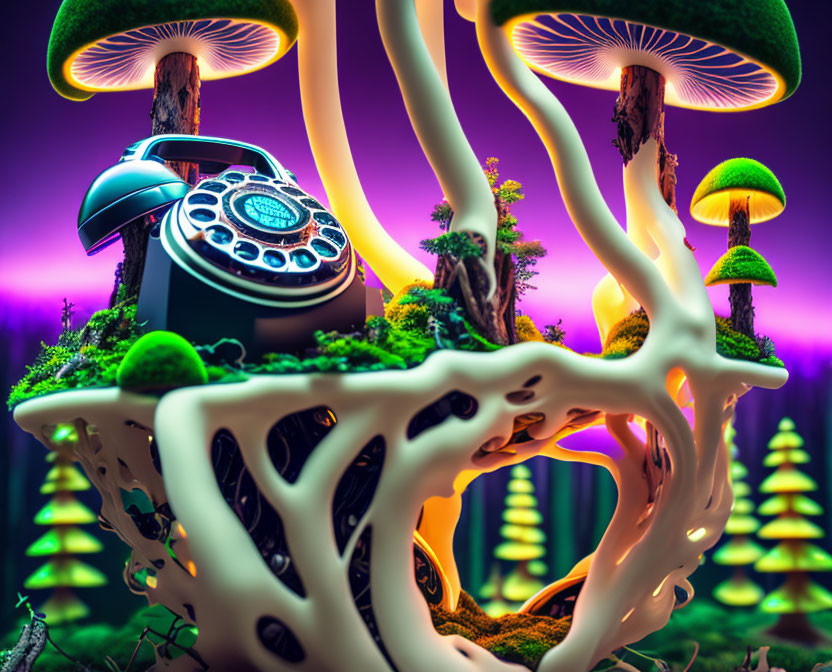 Surreal landscape with luminous mushrooms, vintage telephone, and fantastical trees