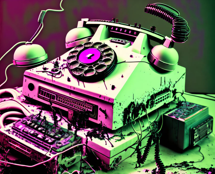 Vibrant Purple and Green Retro Communication Devices Artwork