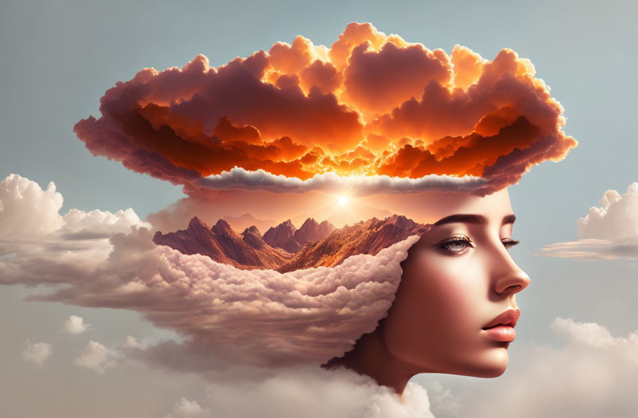 Surreal profile of woman with brain cloud, mountains, sun, sky