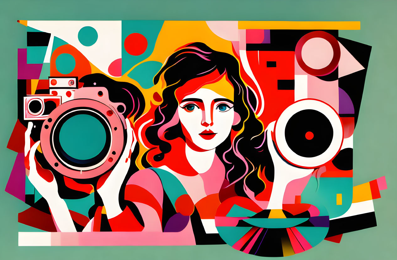 Vibrant abstract art: geometric shapes, central female figure, cameras, circular motifs