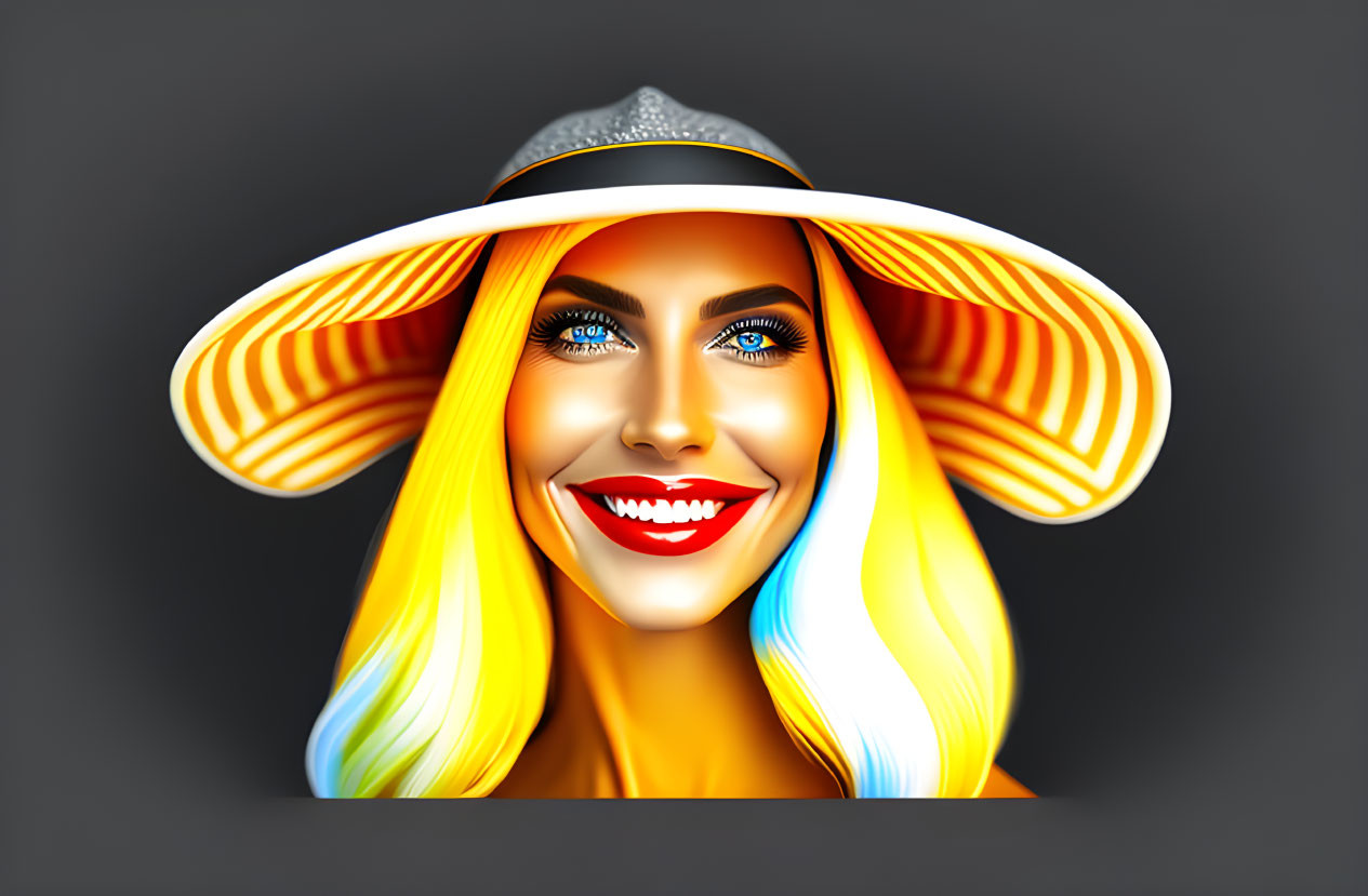 Vibrant digital illustration of smiling woman with yellow hair and broad-brimmed hat