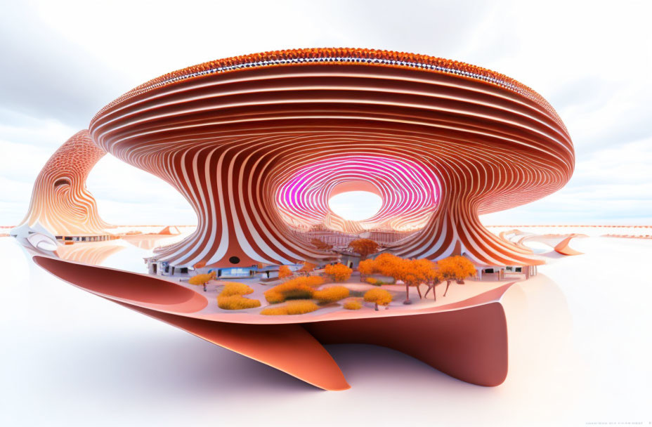 Futuristic swirling building in orange hues against pastel sky