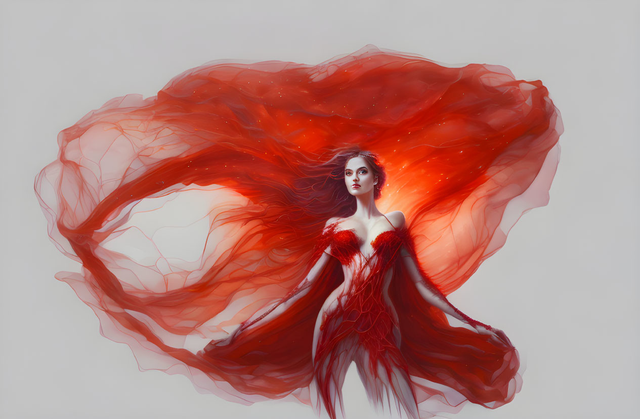 Woman in red hair and fiery gown exudes ethereal aura