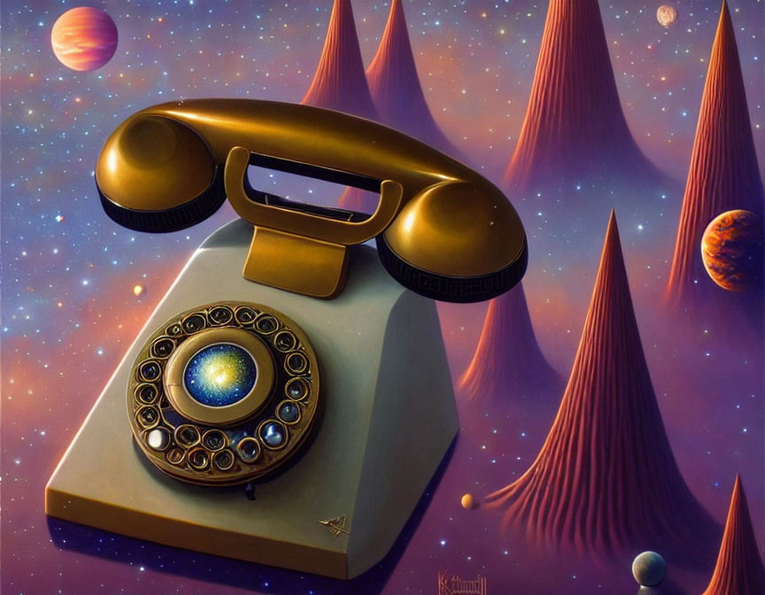 Surreal painting: Vintage telephone with galaxy dial on cosmic backdrop