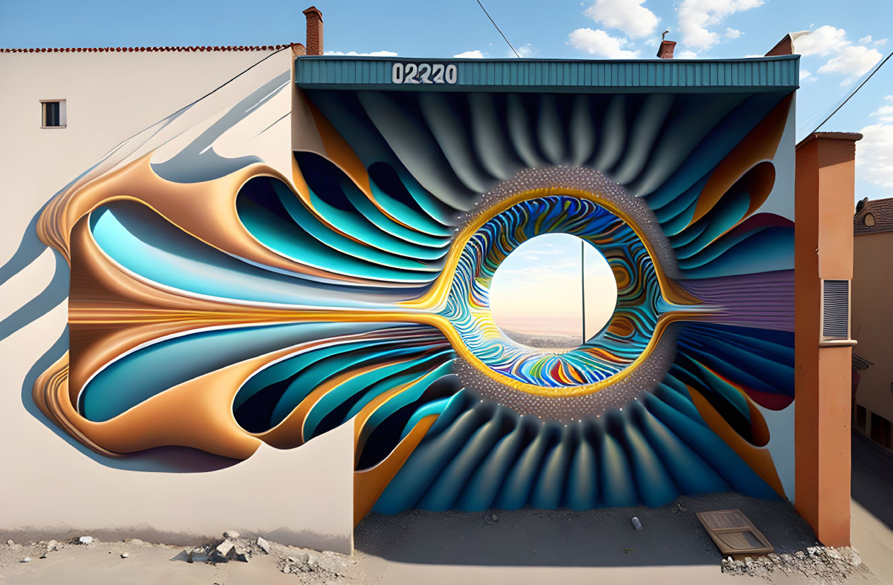 Abstract Blue and Brown 3D Mural on Building Facade