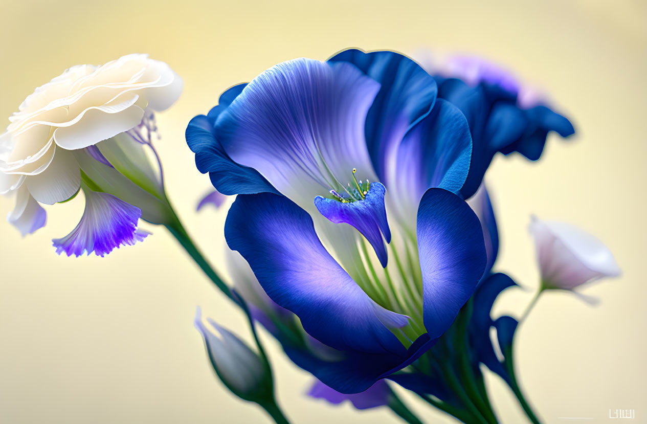 Detailed Close-up of Vibrant Blue and White Flowers on Soft Background