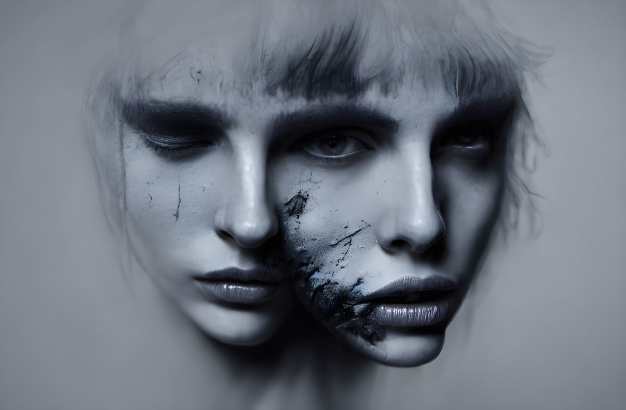 Monochromatic portrait with double-exposure effect and intense gaze