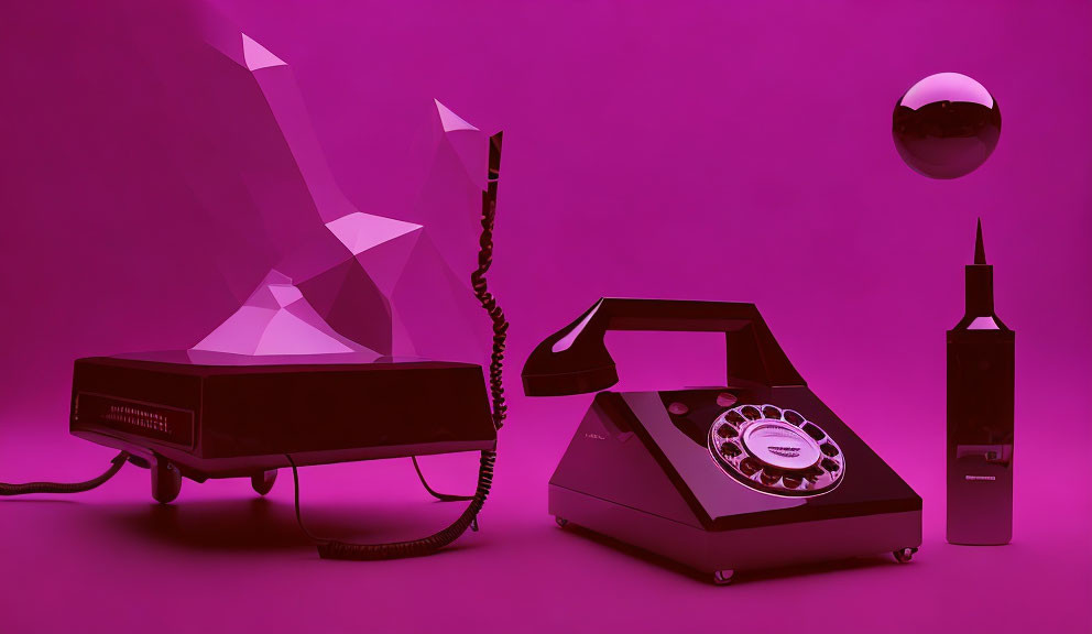 Vintage rotary phone and brick cell phone on purple backdrop with geometric sculpture and reflective sphere.