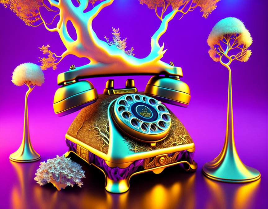 Colorful Surreal Illustration: Vintage Telephone with Tree-like Growth on Purple Background