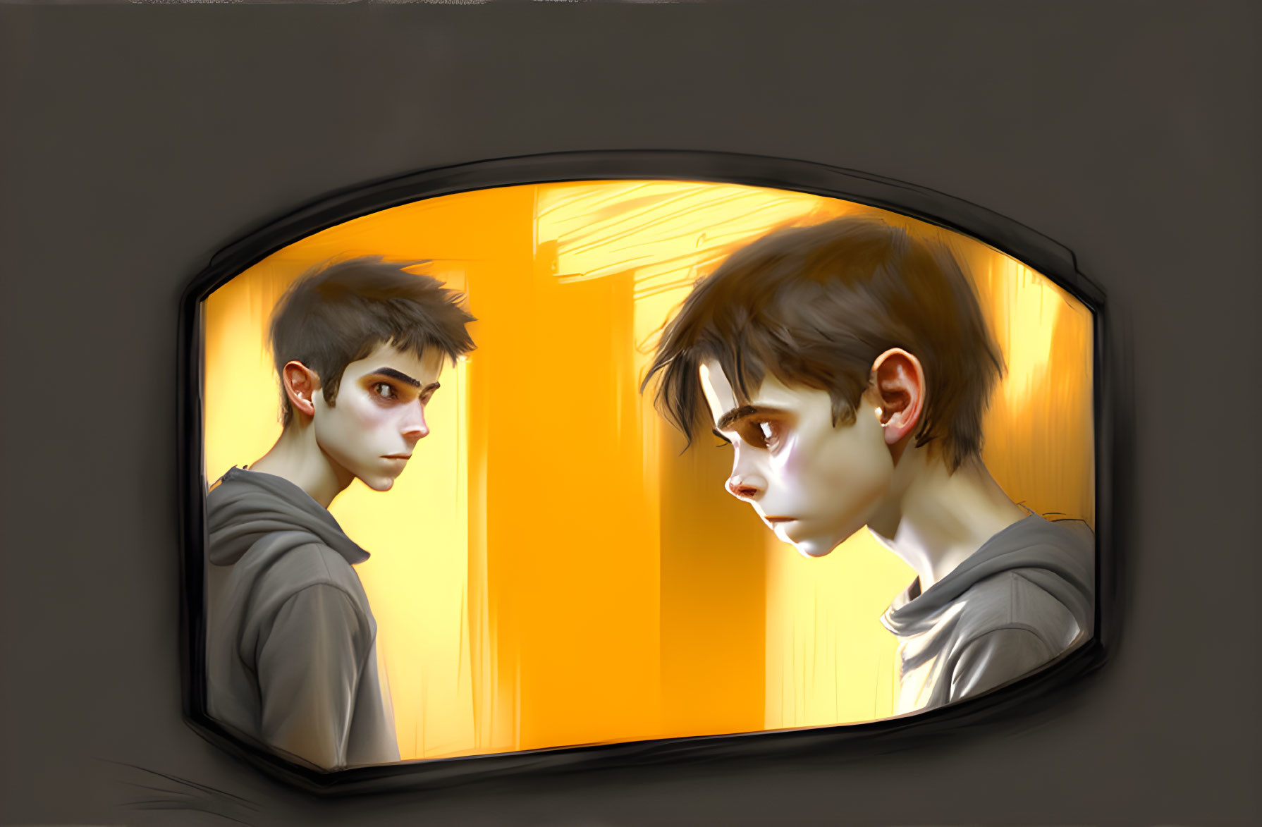 Boy's reflection in mirror with warm light and thoughtful expression