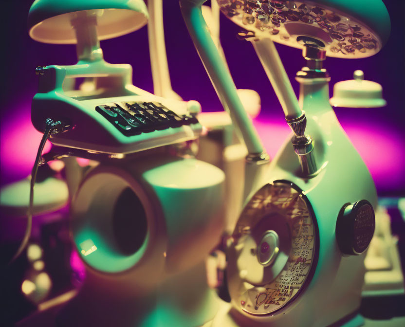 Vintage rotary telephone and old-fashioned phoropter under colorful lighting