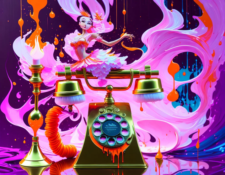 Vibrant digital artwork: vintage telephone, liquid splashes, dancing figure