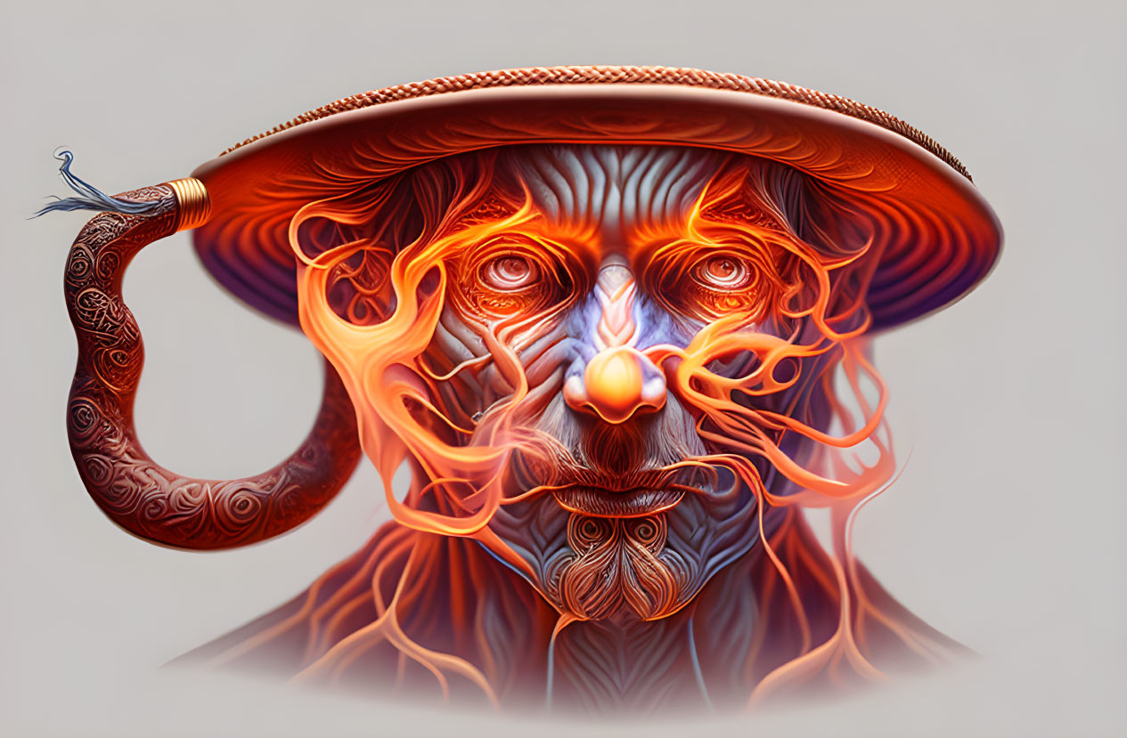 Character with fiery orange facial patterns and ornate hat in surreal artwork