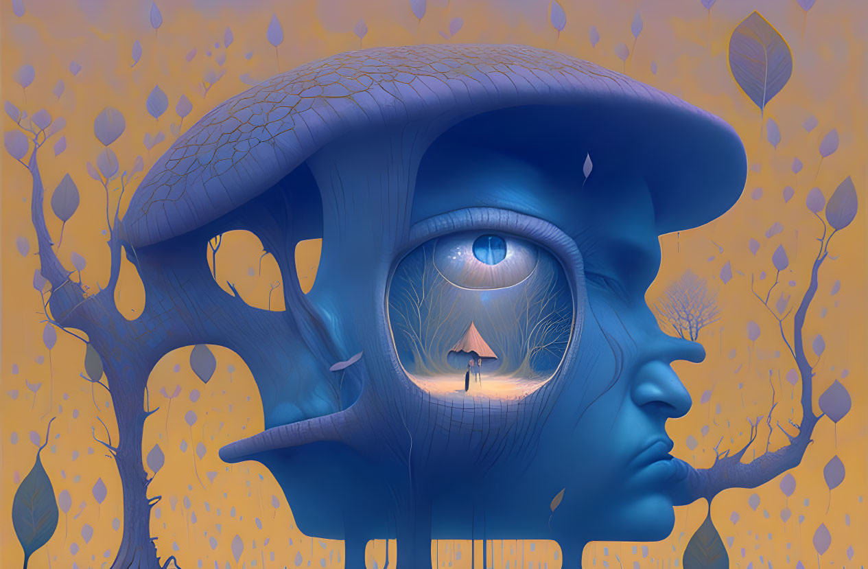 Surreal blue face with mushroom cap and eye revealing tiny figure in autumnal landscape