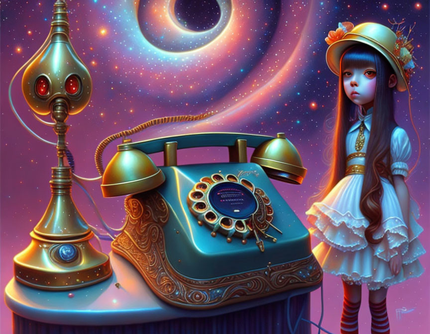 Whimsical artwork of girl with blue hair, vintage phone, quirky robot under cosmic sky