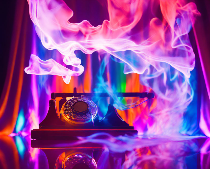 Vintage rotary phone surrounded by colorful swirling smoke on vibrant backdrop.