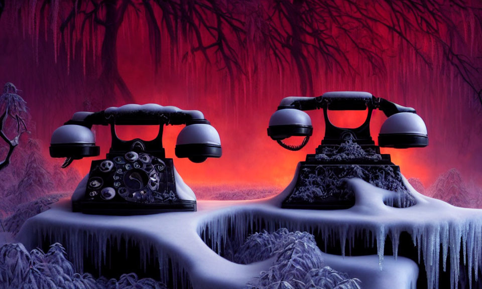 Vintage Black Rotary Telephones on Frost-Covered Surface with Red Backdrop and Icy Stal