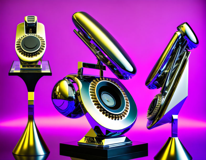 Futuristic Speaker Designs on Pedestals with Vibrant Purple Background