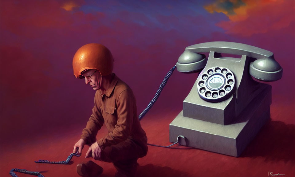 Person in Brown Outfit Examining Vintage Telephone on Purple Background