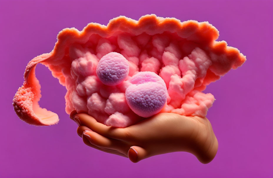 Surreal pink coral-like structure held in hand on purple background