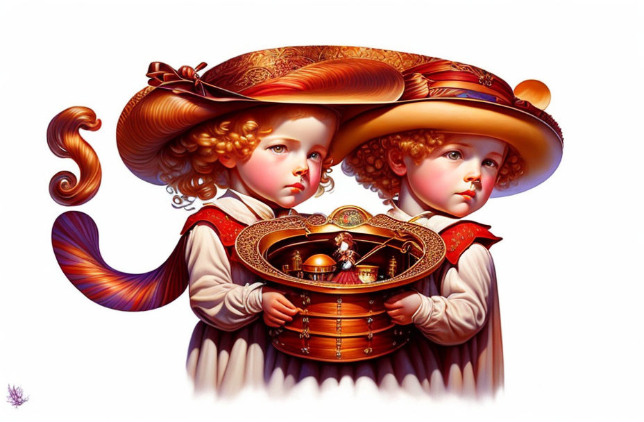 Exaggerated children in ornate hats with intricate device in vibrant art style