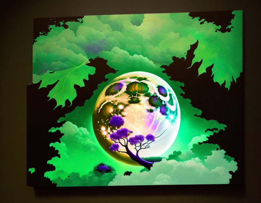 Colorful fantasy planet with purple trees and green skies.