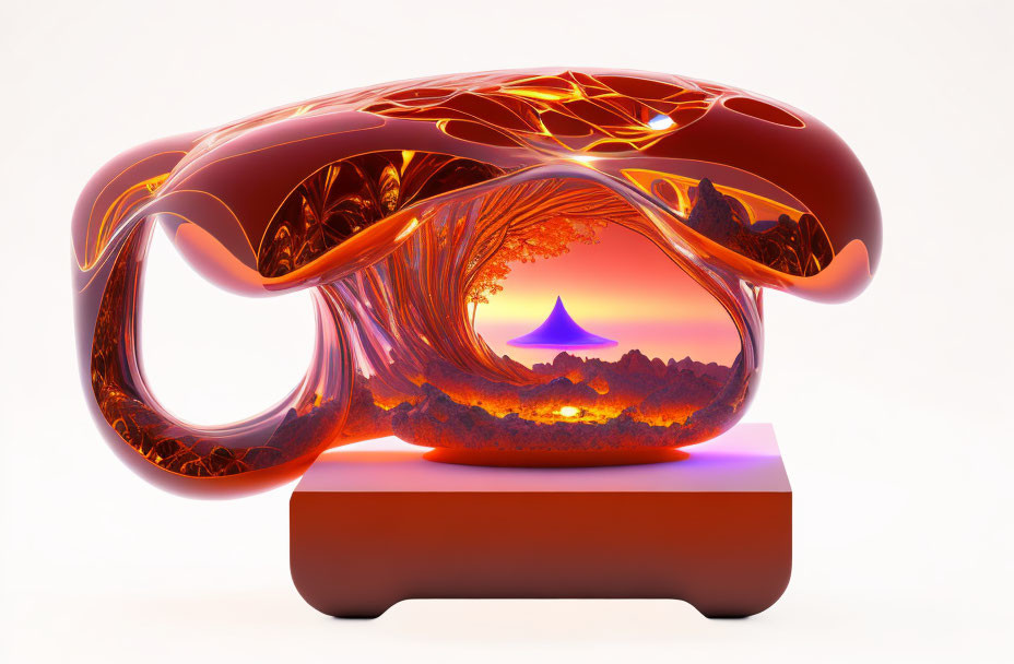 Fiery Orange and Red Abstract Sculpture with Sunset Landscape View