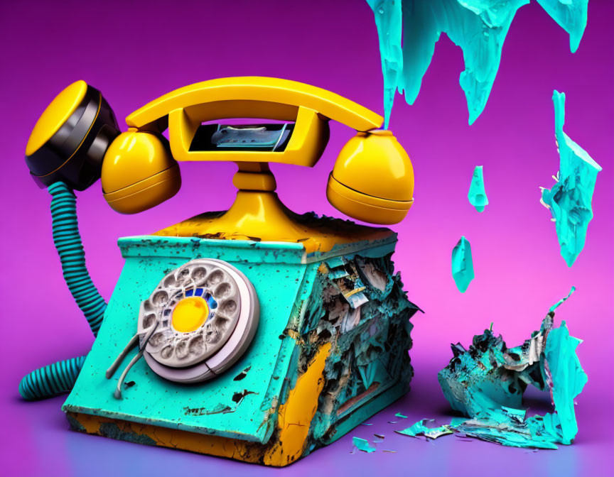 Colorful Retro Yellow Rotary Phone with Melting Effect on Purple Background