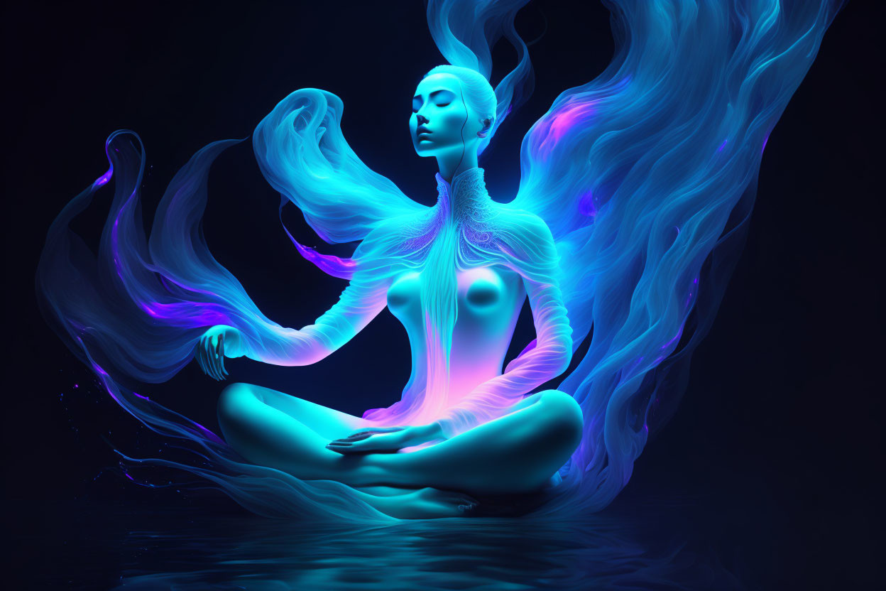 Meditating figure with blue skin in surreal setting