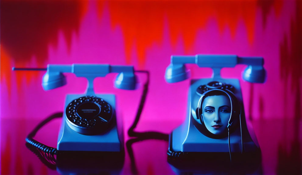 Vintage telephones on purple surface with red backdrop, one featuring female face on dial