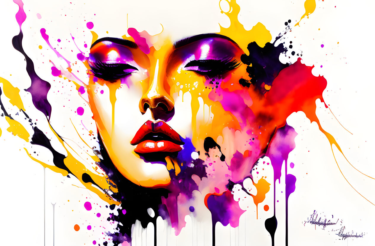 Vibrant abstract illustration of a woman's face with colorful paint splashes