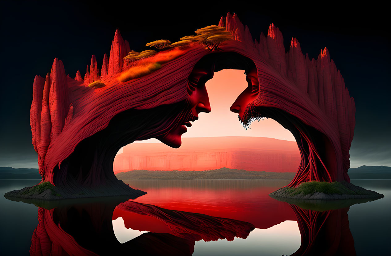 Mirrored landscape with two faces forming a kiss in vibrant red water