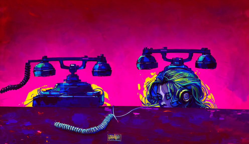 Vintage telephones with neon lights on vibrant pink background, one featuring surreal woman's face.