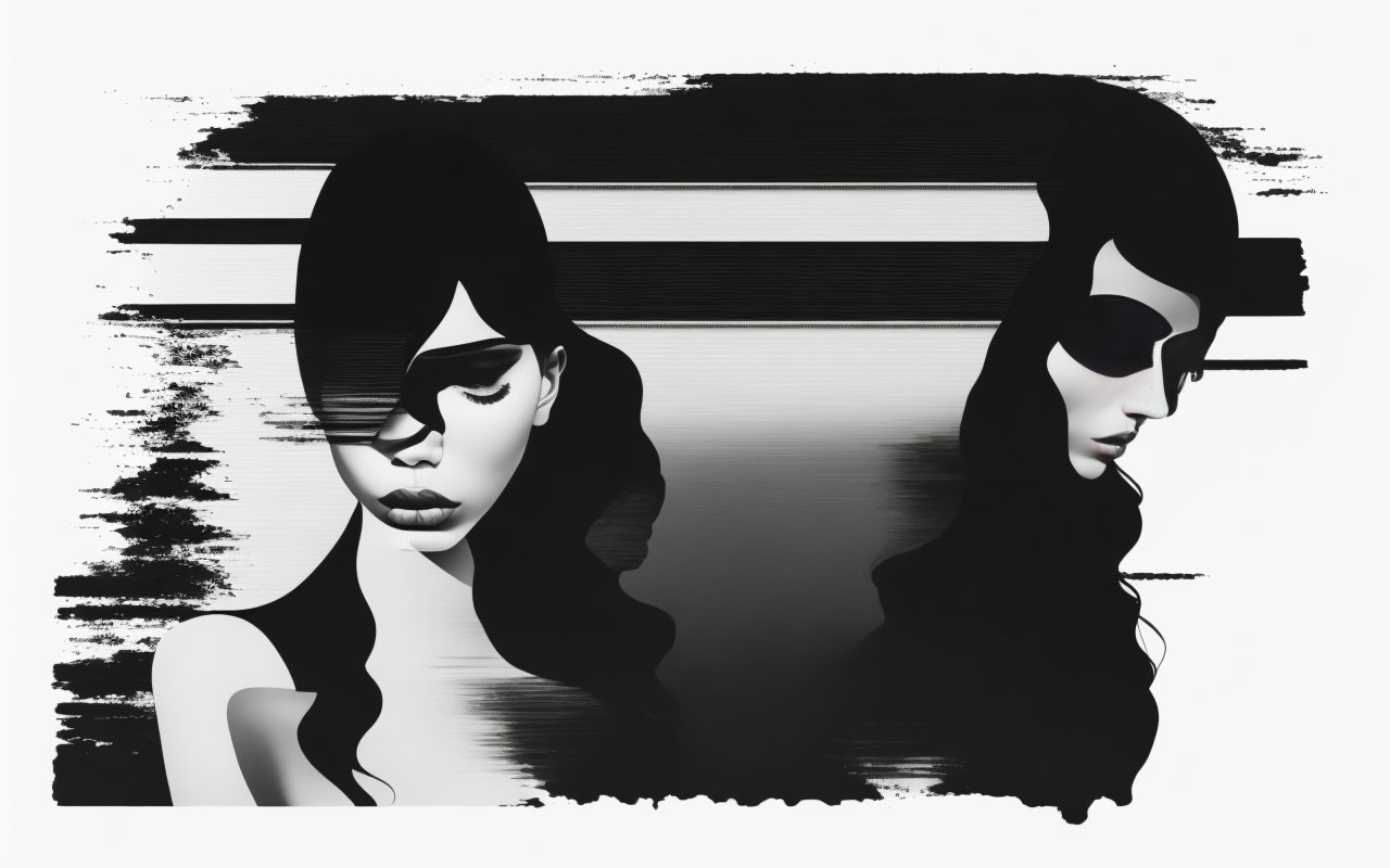 Monochromatic digital artwork of two stylized female figures