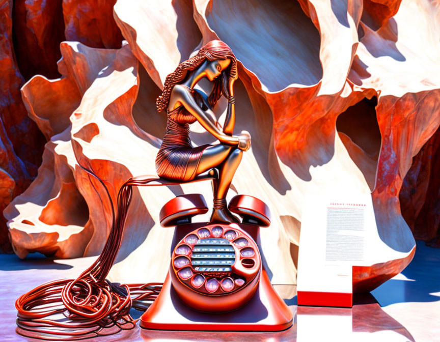 Abstract image of woman sculpture on rotary phone amid red and blue rocks