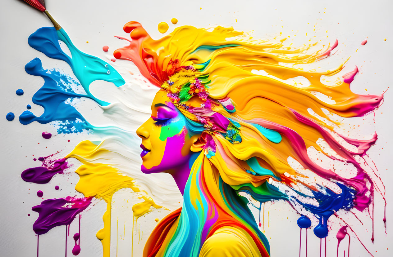 Colorful paint splashes create profile of woman with flowing hair