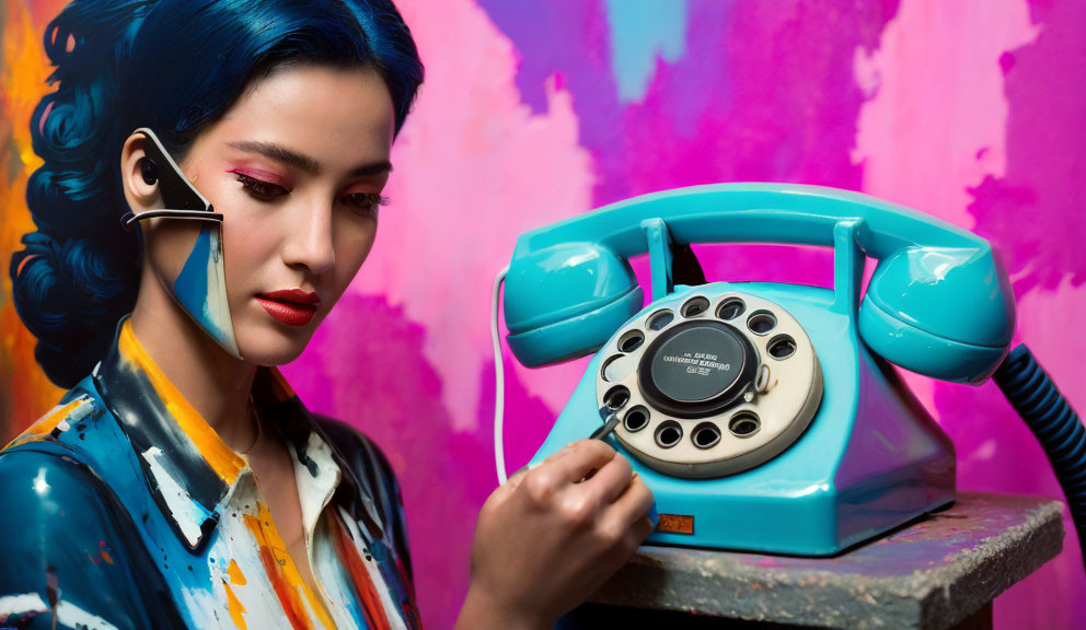 Blue-haired woman using vintage turquoise rotary phone on colorful background