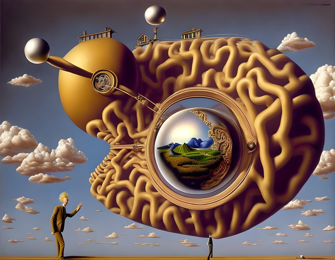 Surreal artwork: man, giant brain, pastoral landscape, clouds, orbs