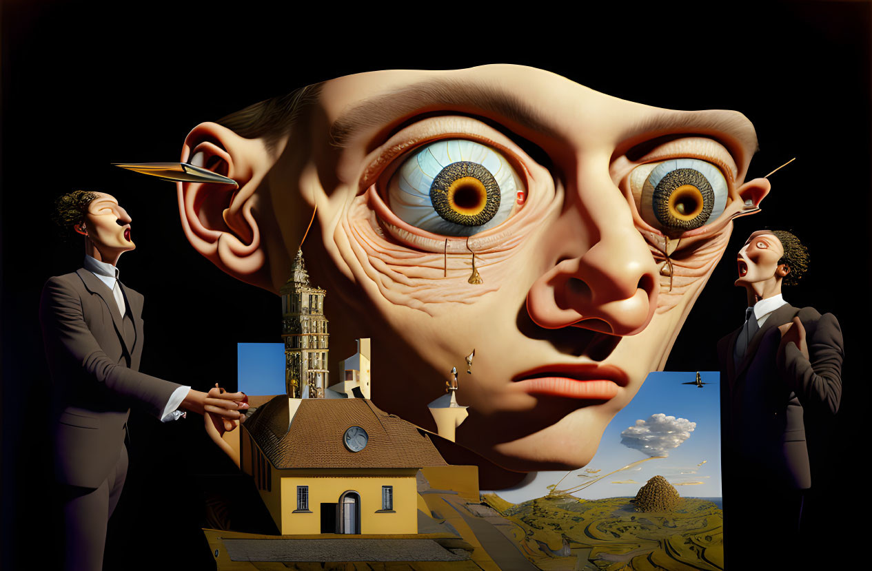 Surreal artwork: Oversized eyes, shocked figures, dramatic sky