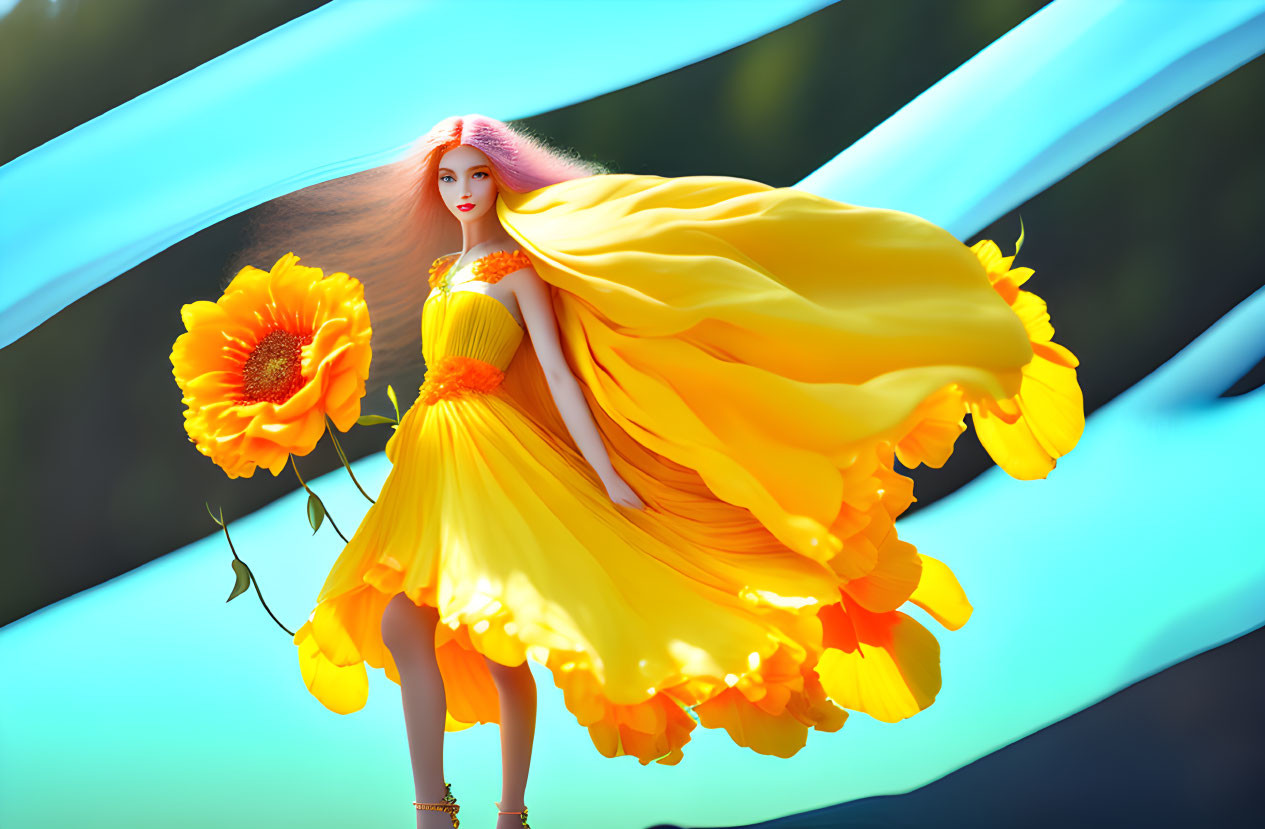 Illustrated female character with pink hair in yellow dress holding sunflower on serene blue backdrop