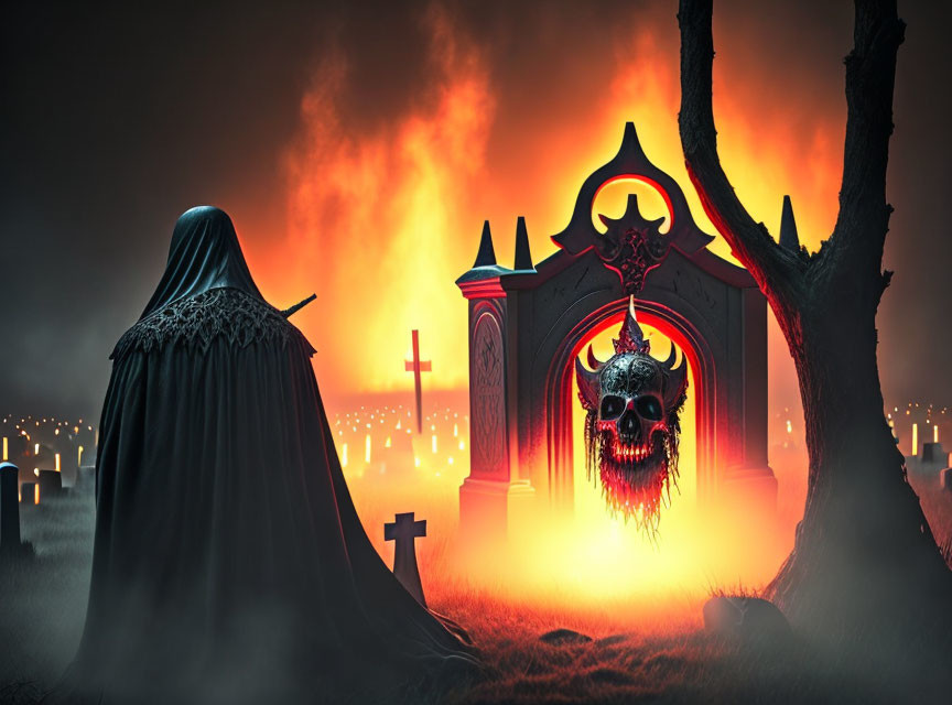 Eerie graveyard scene with cloaked figure and fiery skull gate