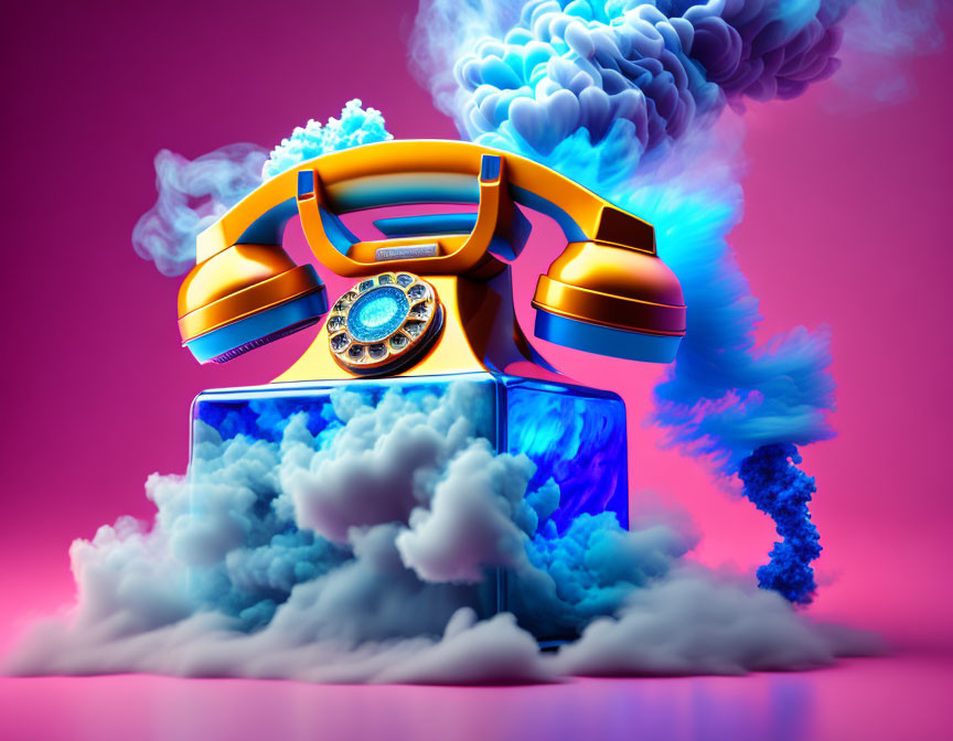 Vintage Orange Phone on Mirrored Cube with Blue and White Clouds on Pink Background