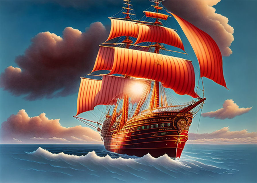 Red-sailed sailing ship on open sea under blue sky.