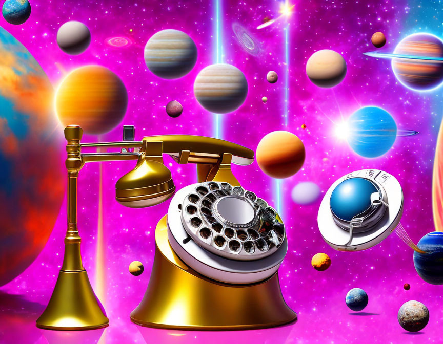 Vintage Gold Telephone with Rotary Dial in Surreal Cosmic Background