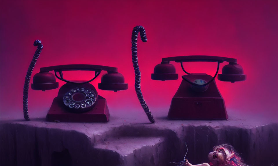 Vintage telephones with twisted cords on dramatic backdrop.