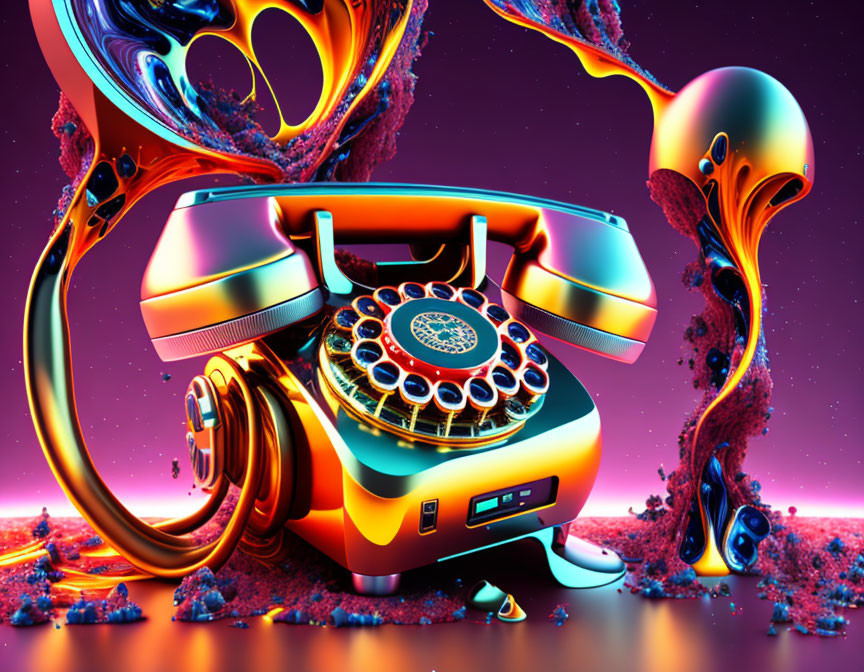 Colorful Surreal Landscape with Retro Rotary Telephone and Melting Structures